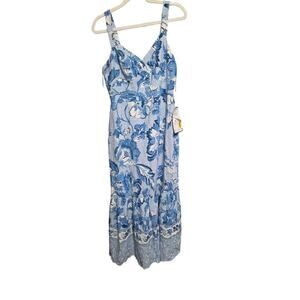 Adrianna Papell Blue & White Floral Maxi Dress Coastal Grandmother Resort size 6